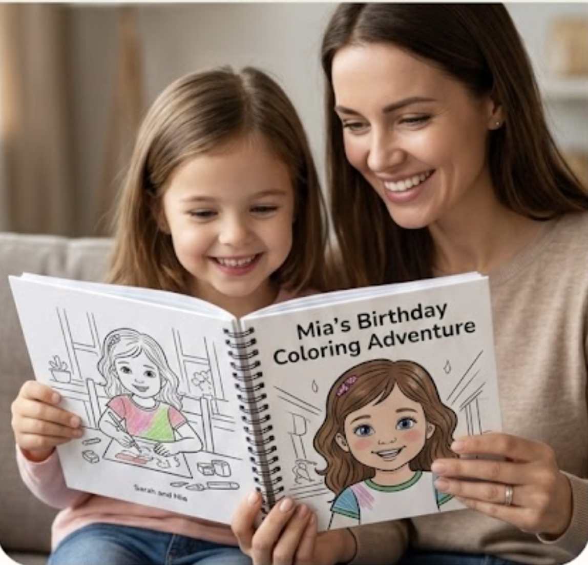 Sarah & Mia holding their personalized coloring storybook