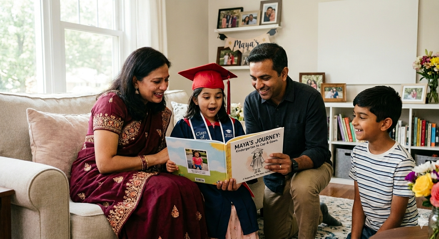The Patel Family holding their personalized coloring storybook