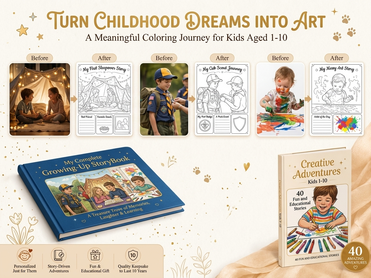 Turn Childhood Dreams Into Art before and after coloring storybook example