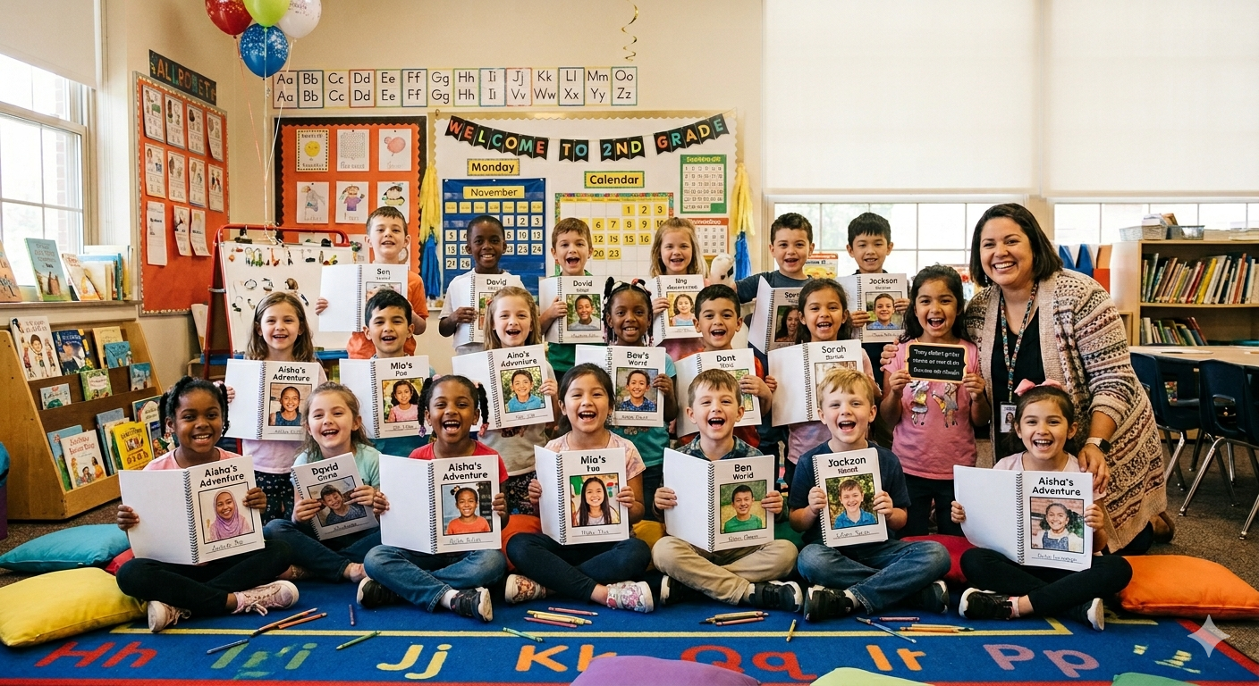Ms. Rivera, 2nd Grade holding their personalized coloring storybook