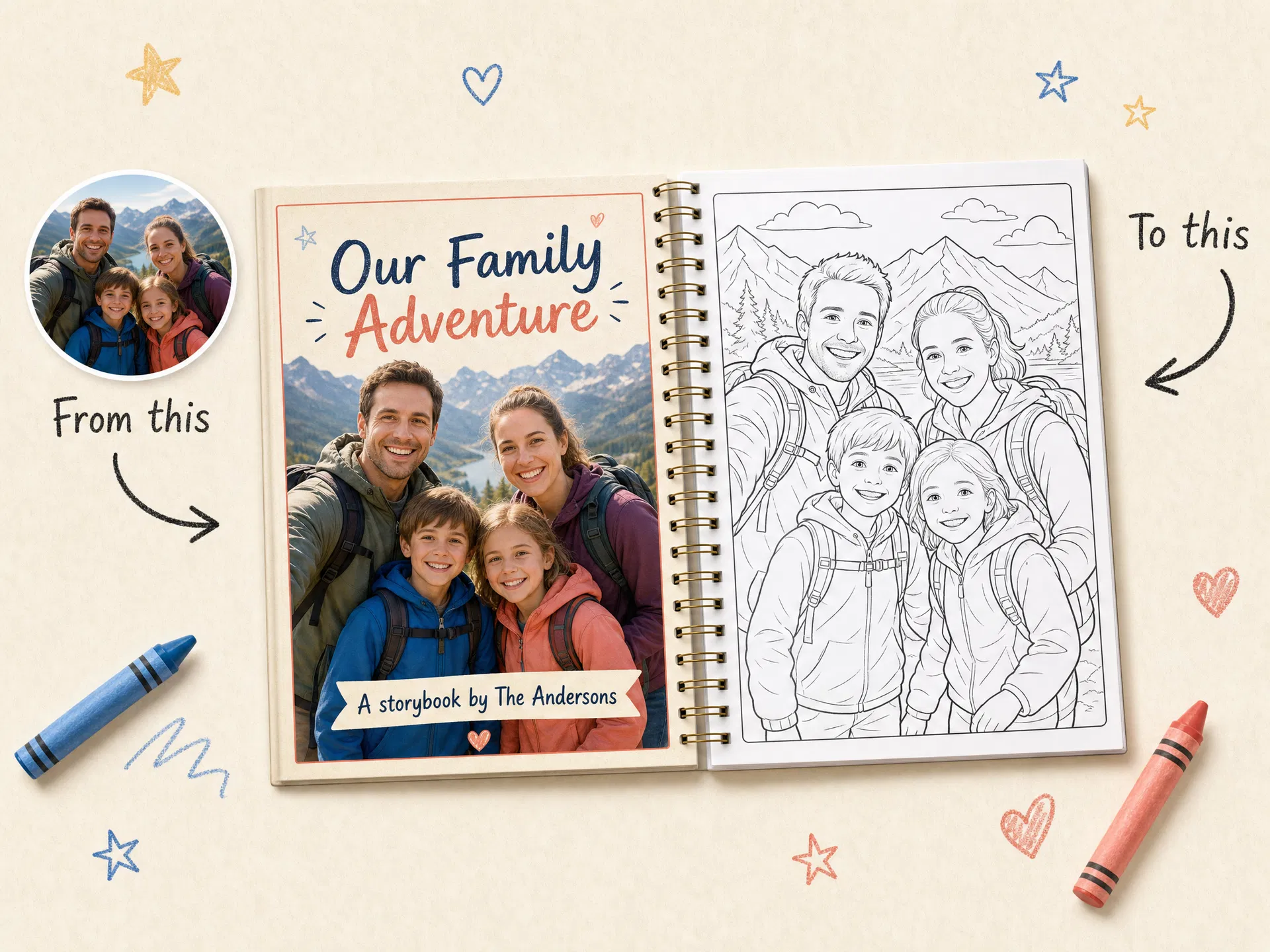 A family photo turned into a coloring storybook